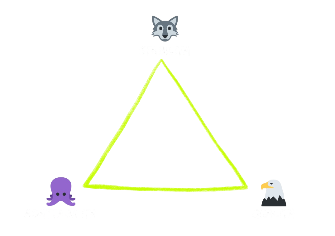 Rappresentazione del Triangolo del Tiro con i tre vertici: Stabilità, Adattabilità e Qualità